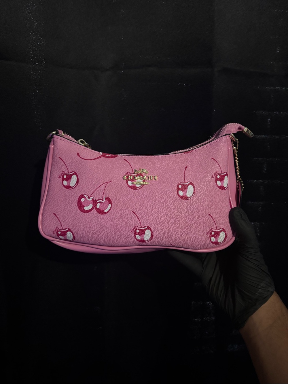 Coach Pink Cherry Print Leather Shoulder Bag with Gold Logo